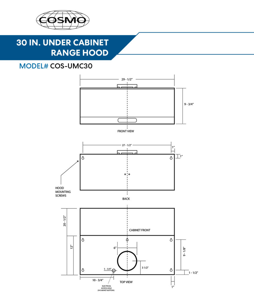 30 in. Under Range Hood Cosmo Appliances (UMC30)
