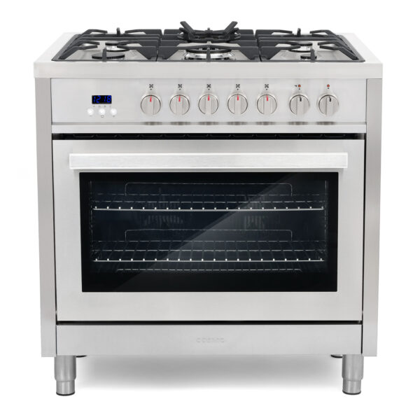 36 in. Professional Style Dual Fuel Range with 3.8 cu. ft. Electric Oven with Turbo True European Convection, 5 High Performance Gas Burners, Cast Iron Grates, in Stainless Steel with Black Enamel (F965)