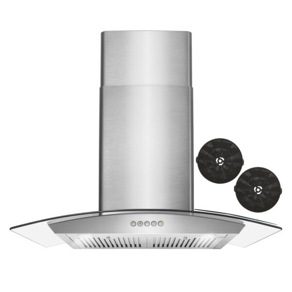 30 in. 380 CFM Ductless Wall Mount Glass Canopy Range Hood with Push Button Controls Range Hood with Carbon Filters and LED Lighting (COS-668A750-DL)