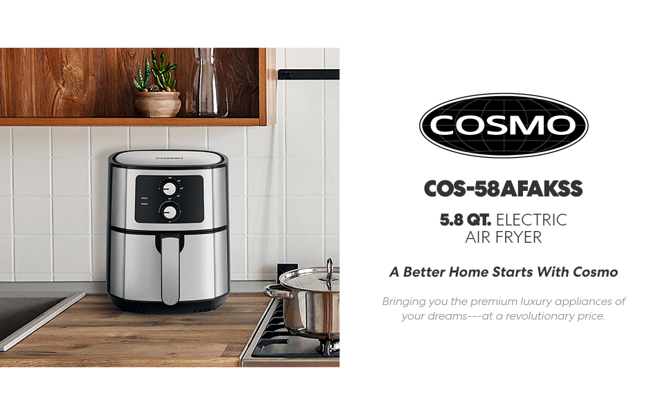 Cosmo Air Fryer COS-23AFAKB 2.3 Quart – Fryer Elettrica 1000W Con Controllo Temperatura E Timer, Nero